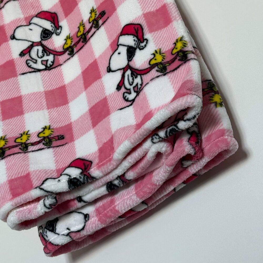 Berkshire Pink & White Plaid Christmas Snoopy and Woodstock Plush Throw Blanket
